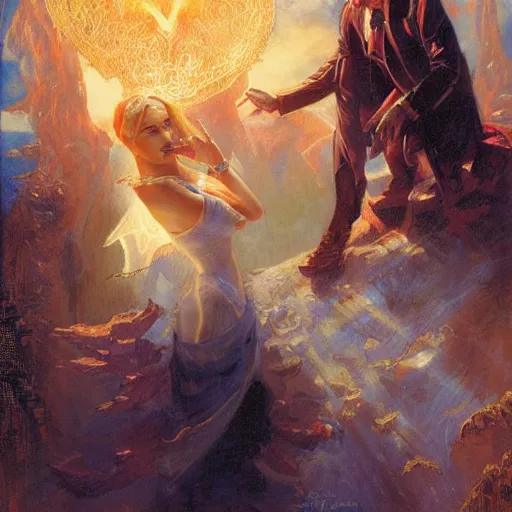 Image similar to attractive magician casts dark spell, summoning attractive lucifer morningstar. highly detailed painting by gaston bussiere, craig mullins, j. c. leyendecker 8 k