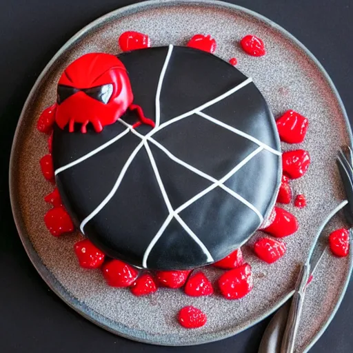 Image similar to edible lifelike Black Widow birthday cake, food photography