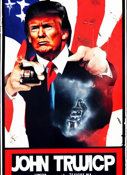 Image similar to an 8 0's john alvin action movie poster of donald trump starring in dumpster fire. explosions.