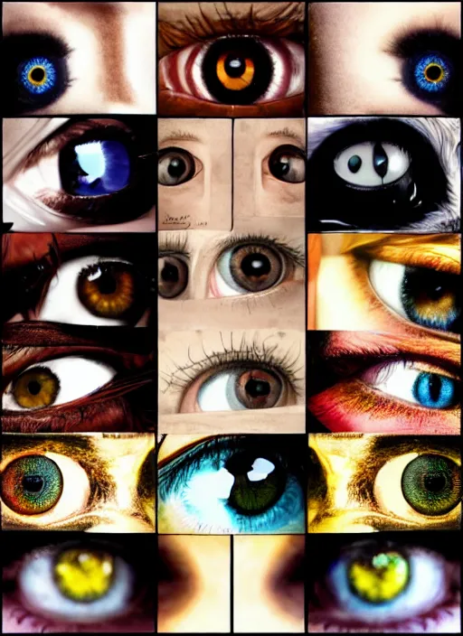 Image similar to grid montage of eyes, detailed colored textures, eyelashes, advanced art, art styles mix, from wikipedia, wet relections in eyes, sunshine, hd macro photograph, from side, various eye shapes, spherical black pupil