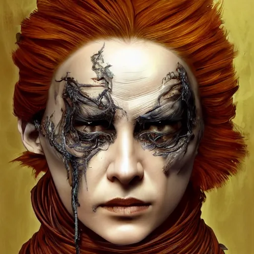 Image similar to portrait of a Shibari rope wrapped face and neck, headshot, insanely nice professional hair style, dramatic hair color, digital painting, of a old 15th century, old cyborg merchant, amber jewels, baroque, ornate clothing, scifi, realistic, hyperdetailed, chiaroscuro, concept art, art by Franz Hals and Jon Foster and Ayami Kojima and Amano and Karol Bak,