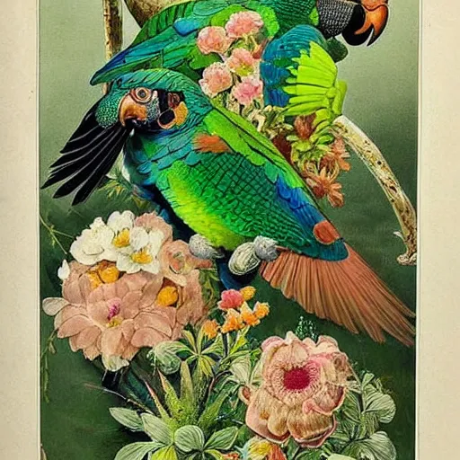 Prompt: beautiful elegant ernst haeckel fauna illustration of many greek cheek conures!!!!!! and flowers, ( greek cheek conure ) ( green cheeked parakeet ) ( pyrrhura molinae )