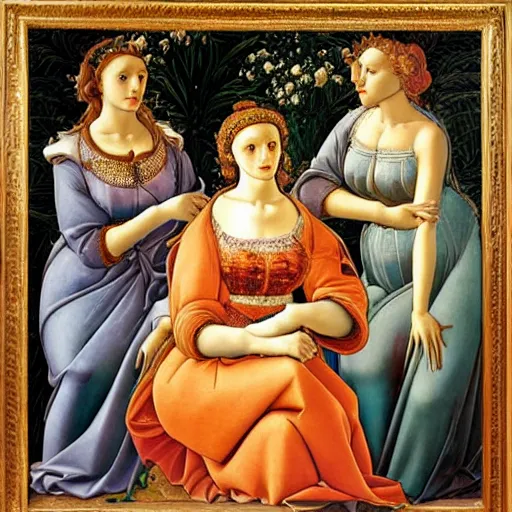 Prompt: oil painting of the Golden Girls by Botticelli, 8k high definition museum quality, beautiful, ornate, Italian renaissance, Medici,