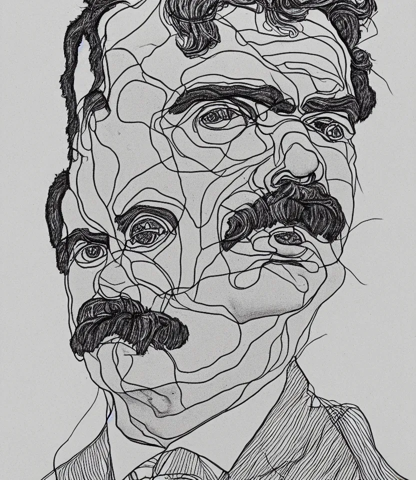 Image similar to detailed line art portrait of frierich nietzsche, inspired by egon schiele. contour lines, musicality, twirls and curves, strong personality