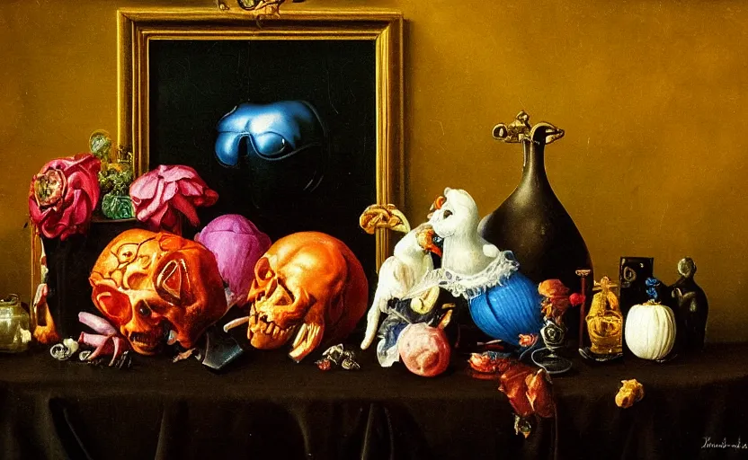 Prompt: colorful oil painting dark velvet background dutch golden age vanitas classic velvet beautiful composition with 1 9 7 0 s retro objects bizarre rachel ruysch dali todd schorr very detailed perfect composition rule of thirds masterpiece canon 5 0 mm, cinematic lighting, photography, retro, film, kodachrome