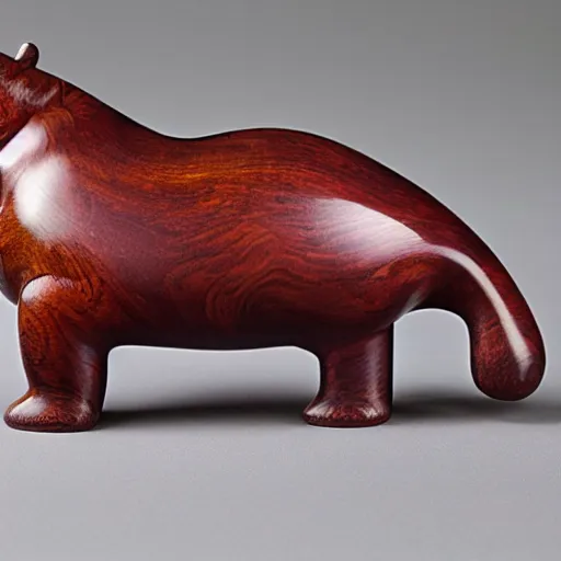 Prompt: a zoomed out studio product shot of a rounded carved smooth cherry wood and resin hippopotamus in profile, like a catalog photograph, where distinct sections of the carving are blue resin, but is mostly wood, with a smooth featureless minimalist short wooden nose with no nostrils, and a round minimalist behind