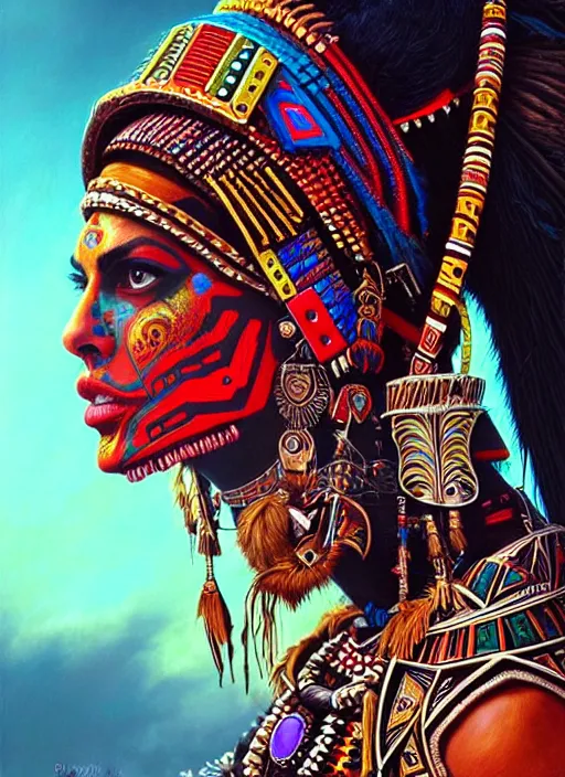 Image similar to portrait of eva mendes, hyper detailed ultra sharp aztec shaman warrior. trending on artstation, warpaint aesthetic, bloodwave, colorful, psychedelic, ornate, intricate, digital painting, concept art, smooth, sharp focus, illustration, art by artgerm and greg rutkowski and h. r. giger, 8 k