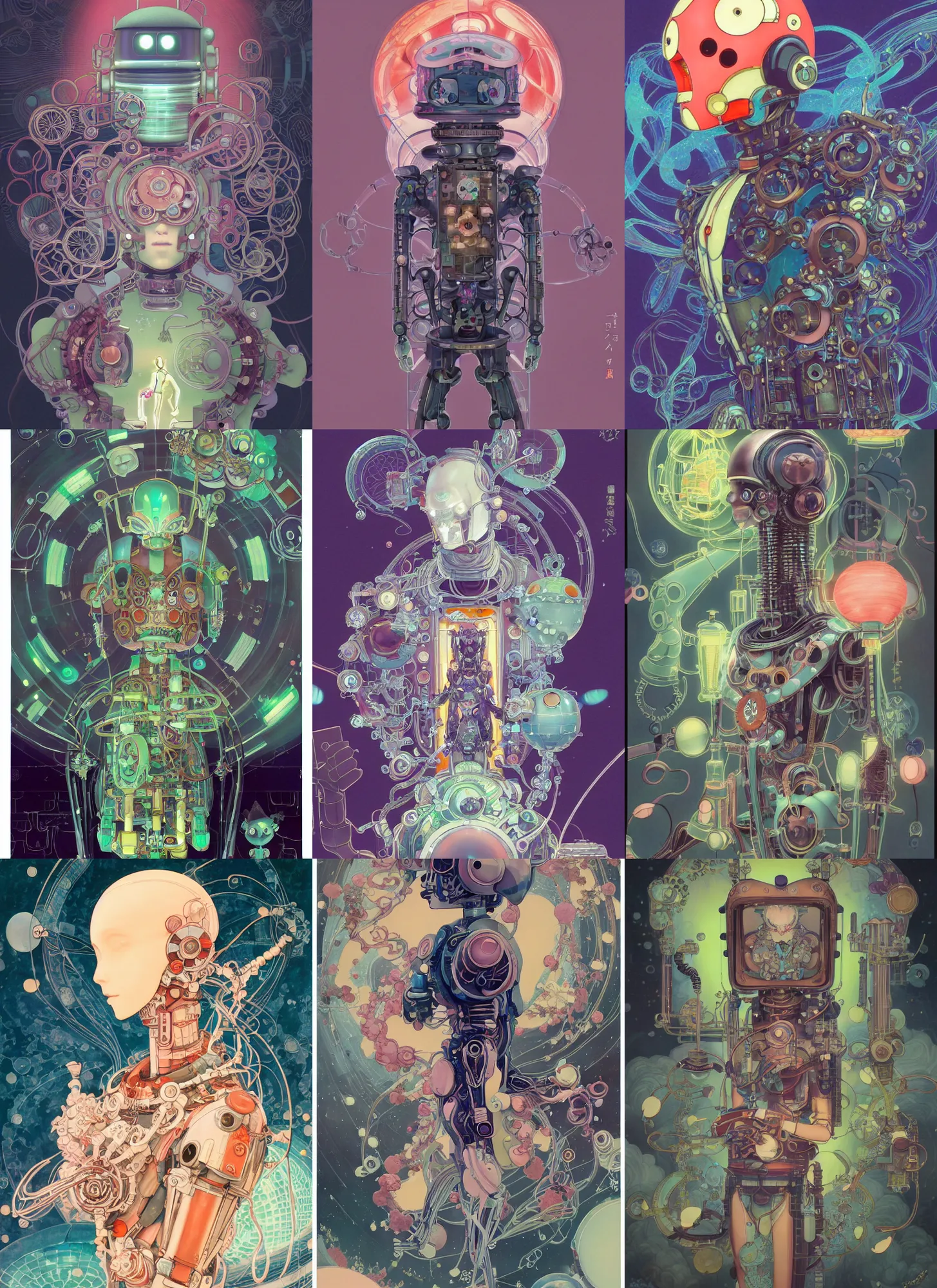 Image similar to an art nouveau kawaii gouache painting, by yoshitaka amano, by Victo Ngai, by shaun tan, by good smile company, detailed anime 3D render of an attractive male modular mechanical android, portrait, cgsociety, by Peter Mohrbacher, modular mechanical costume and headpiece, futuristic setting, gel lighting neon glow