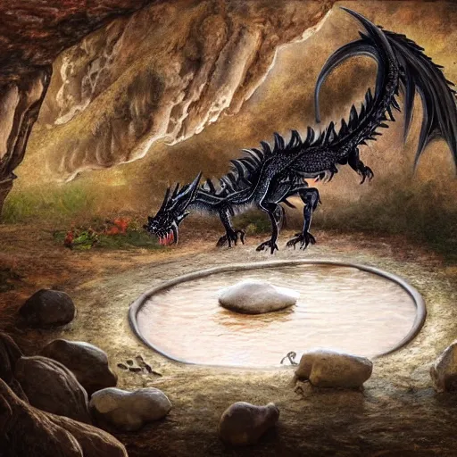 Image similar to highly detailed oil painting of a hotspring in a quartz cave with a black dragon sitting in the middle of it