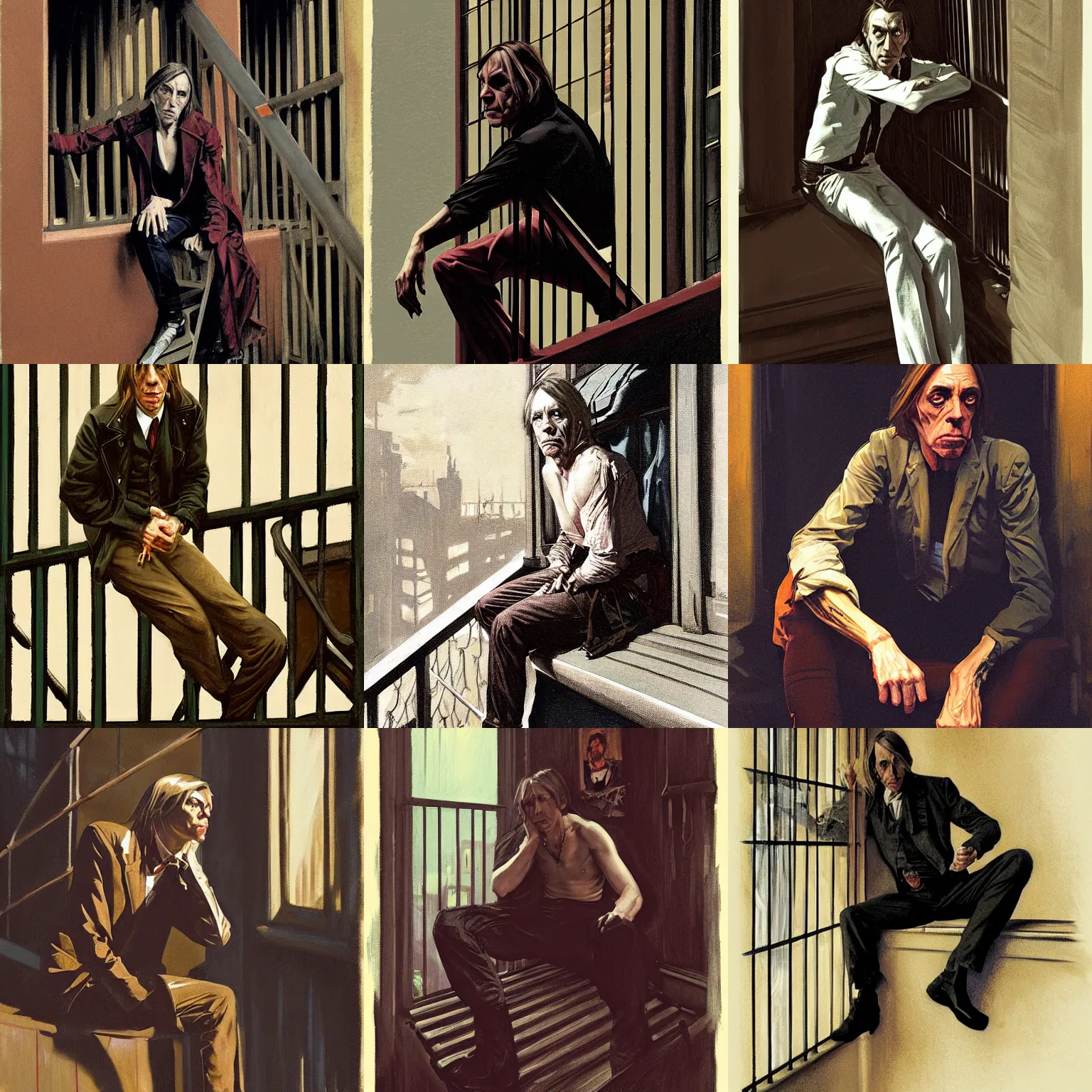 Prompt: character portrait of iggy pop sitting down on a fire escape, gothic, john singer sargent, muted colors, moody colors, illustration, digital illustration, amazing values, art by j. c. leyendecker, joseph christian leyendecker, william - adolphe bouguerea, graphic style, dramatic lighting, gothic lighting