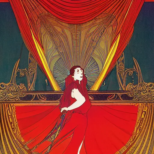 Image similar to background art of flowing theatre red curtains, centered radial design, gold art nouveau graphic elements, painting by mucha, beautiful lighting, anime, studio ghibli, norman rockwell, trending on artstation