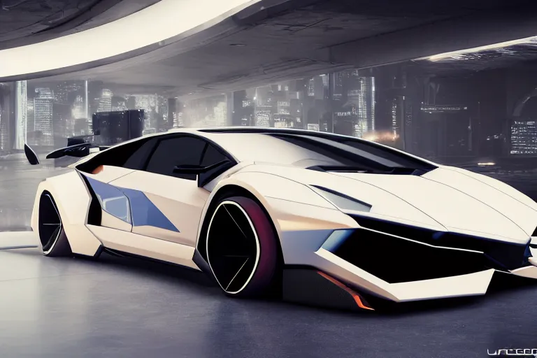 Image similar to cyberpunk lamborghini concept inspired sports car, futuristic look, highly detailed body, very expensive, photorealistic camera shot, bright studio setting, studio lighting, crisp quality and light reflections, unreal engine 5 quality render