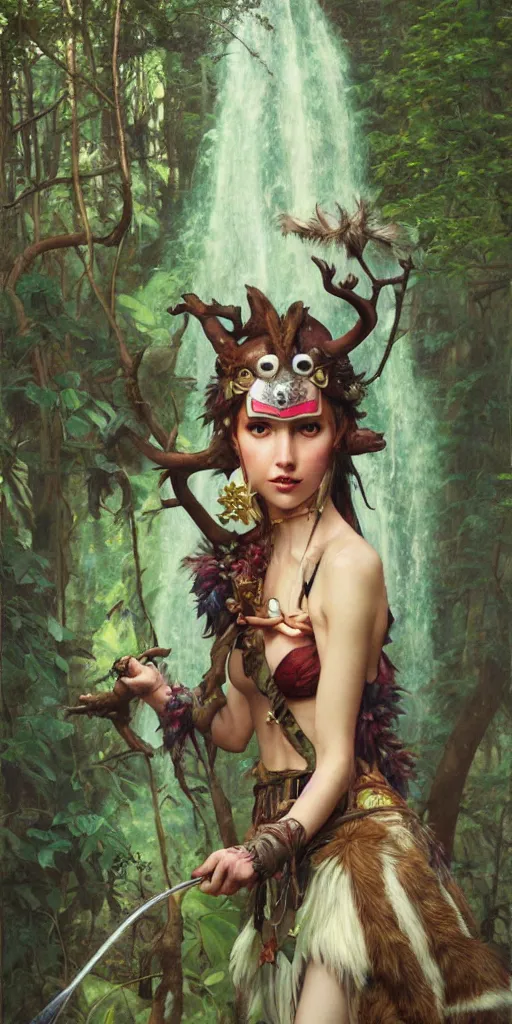 Image similar to hyper realistic Princess Mononoke wearing her mask, lush forest landscape, style of tom bagshaw, mucha, james gurney, norman rockwell, gems and gold, waterfalls, denoised, sharp,