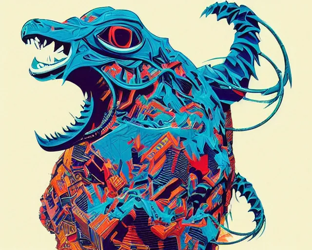 Image similar to Beautiful Kaiju, geometric shapes with rough brushstrokes, Grainy | Tristan Eaton