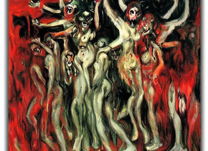 Image similar to mosh pit full of demons and beautiful women in hell ’ s nightclub, sfumato abstract oil on canvas, by rothko, by jackson pollock, by monet