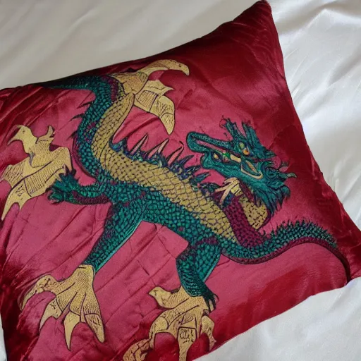 Prompt: a dragon posing seductively on an old lady's silk pillow at a late night dragon party