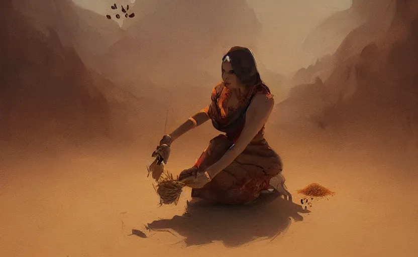 Prompt: A painting of a women harvesting spice in a desert trending on artstation in the style of Greg Rutkowski