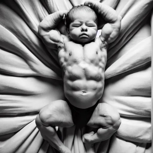 Image similar to huge muscles bodybuilder baby sleeping in a crib, newborn picture, barrel chested, rippling muscles, huge veins, bulging muscles, ripped, award winning photography, high detail