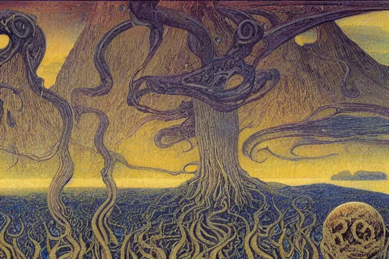 Prompt: lovecraftian landscape, another world by Jean Delville