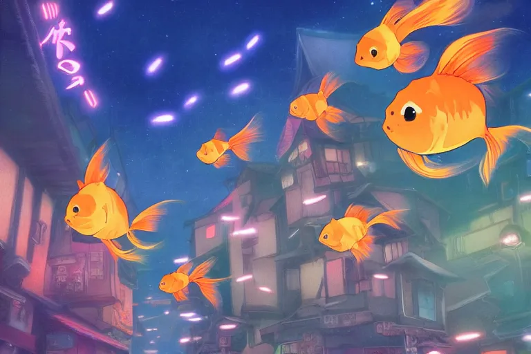Prompt: fantasy art of glowing goldfish swimming in the air, in the streets of a japanese town at night, with people watching in wonder, by hayao miyazaki in the style of ponyo, highly detailed digital art, trending on artstation