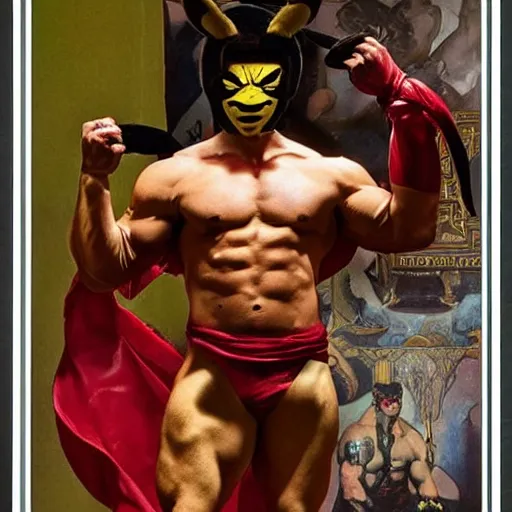 Prompt: muscular man dressed up as Mortal Kombat pikachu art photo by Annie Liebovitz and Alphonse Mucha