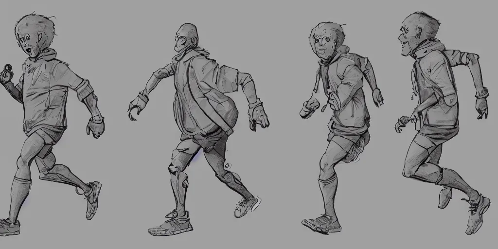 Image similar to cartoonish todd solondz running, character sheet, fine details, concept design, contrast, kim jung gi, greg rutkowski, trending on artstation, 8 k, full body, turnaround, front view, back view, ultra wide angle