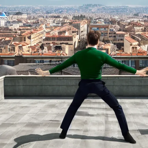 Prompt: macron dodging bullets on a rooftop, slowtime, in matrix, realistic, matrix lut, cinematic, green matrix light, martial art,