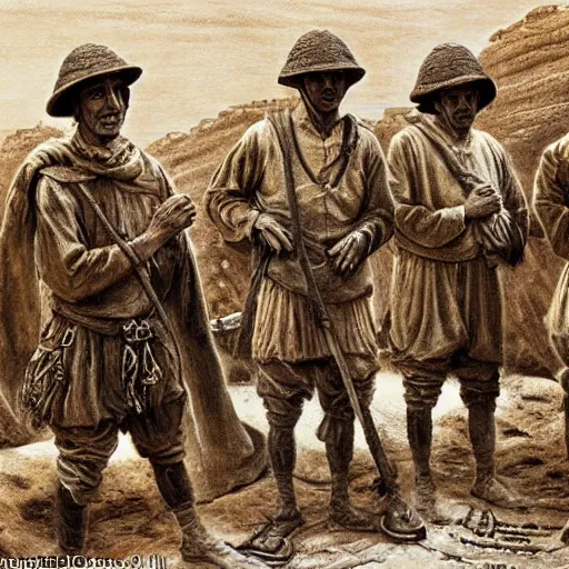 Image similar to ultra detailed photorealistic sepia - toned painting from 1 9 1 7, a small group of british soldiers standing with bedouin traders in traditional arab garb, at an archaeological dig site in wadi rum, ultra realistic, painted, intricate details, lovecraft, atmospheric, dark, horror, brooding, highly detailed, by clyde caldwell