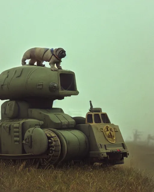 Image similar to giant oversized chubby bulky armored train pug dog robot mech, with big pug head , rocket launcher , on a village , Cinematic focus, fujicolor photo, vintage, neutral colors, soft lights, foggy, panorama by by Serov Valentin, by lisa yuskavage, by Andrei Tarkovsky