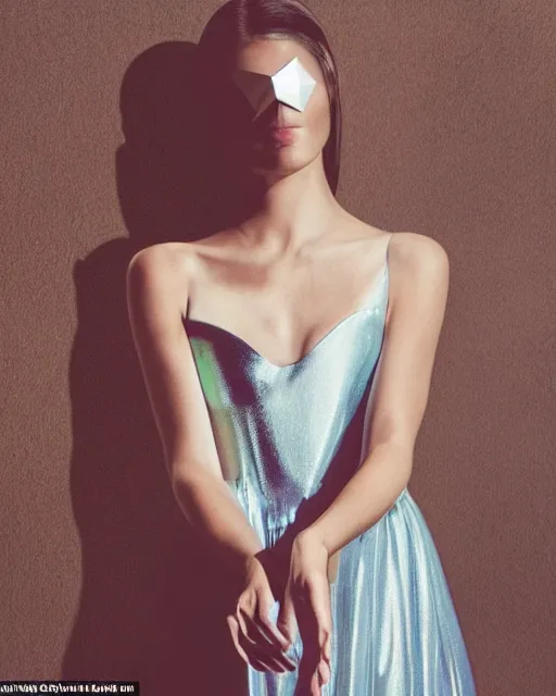 Image similar to in a twilight landscape, a young fashion model woman shows off her figure in a shiny party dress, face and eyes covered by a pointed geometry