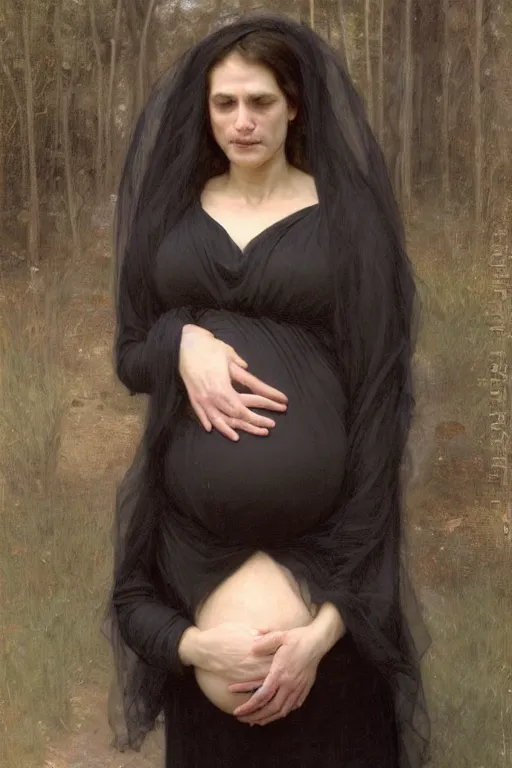 Image similar to pregnant widow in black dress, by Alyssa Monks, Bouguereau