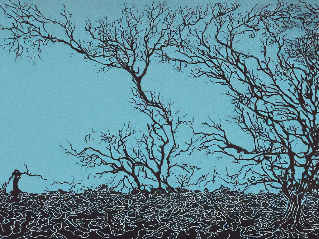 Prompt: a vast icy blue landscape spoiled by black ink squid squirting fluorescent liquid in the abyss, flat design, screen print by jeffrey smith and Yves Klein, in the foreground is a dead tree with fallen leaves