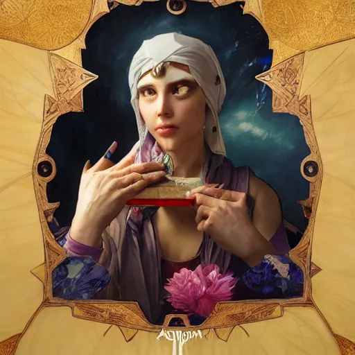 Image similar to a fortune teller holding a wrapped birthday gift with a confused look on their face, art by artgerm and greg rutkowski and alphonse mucha, concept art, octane render, unreal engine 5, highly detailed, high quality, 8 k, soft lighting, realistic face, path traced