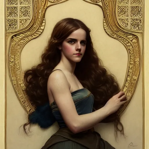 Prompt: Emma Watson of medieval art, medium shot, intricate, elegant, highly detailed, digital painting, volumetric light, artstation, concept art, smooth, sharp focus, illustration, art by Gil Elvgren and Greg Rutkowski and Alphonse Mucha, 8K