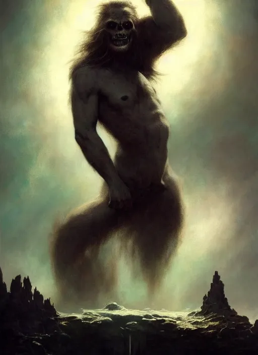 Image similar to shackled in the void of heaven, frank frank frazetta and cgsociety, stunning god sasquatch, charlie bowater and tom bagshaw, insanely detailed, artstation, space art, atoms surrounded by skulls, death, and spirits deep under the haze smaoke, horror, sci - fi, surrealist painting, by peter mohrbacher