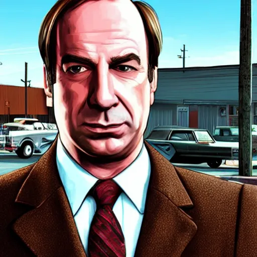 Image similar to Saul Goodman from Better Call Saul as a GTA character portrait, Grand Theft Auto, GTA cover art