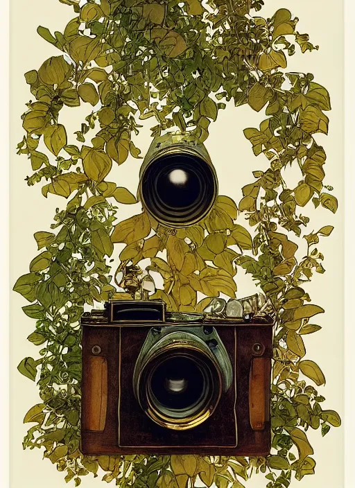 Image similar to photographer looking through a vintage camera, design on white background, beautiful details, lush foliage, gold, drawn by john singer sargent, studio ghibli, alphonso mucha, lolish, trending on artstation