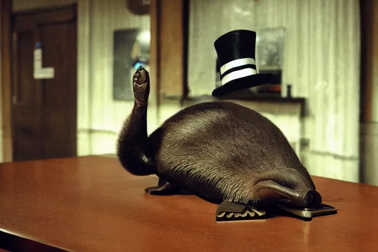 Prompt: platypus wearing top hat on a table in police station by Roger Deakins