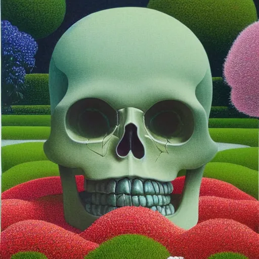 Prompt: complex and beautiful japanese garden full of flowers by michael kidd, oil on canvas, apple giant translucent transparent skull, james jean, splashes, magritte painting, intricate, highest details, 8 k, pushead, pointillism