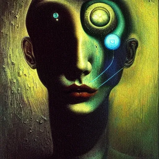 Prompt: The artificial intelligence recognizes its soul in the mirror - contest-winning artwork by Salvador Dali, Beksiński, Van Gogh, Giger, and Monet. Stunning lighting