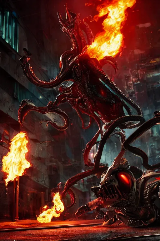 Image similar to The Ghost Rider fights a fire-breathing xenomorph in the back alley of a cyberpunk city, burning trash flies through the air, splattered blood. Realistic, octane render, trending on ArtStation.