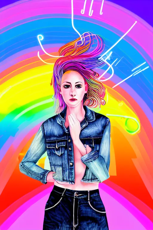 Image similar to a award winning half body portrait of a beautiful woman with stunning eyes in a croptop denim jacket and cargo pants with ombre rainbow hairstyle head in motion and hair flying while dancing by thomas danthony, surrounded by whirling illuminated lines, outrun, vaporware, shaded flat illustration, digital art, trending on artstation, highly detailed, fine detail, intricate