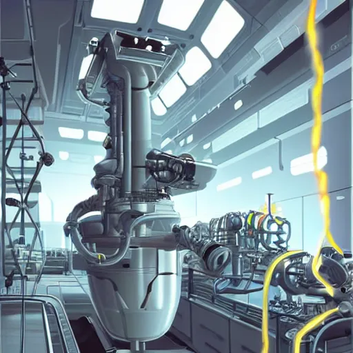 Prompt: robotic engineer working on a star cruiser engine, futuristic engine room, sparks flying, artwork by goro fujita