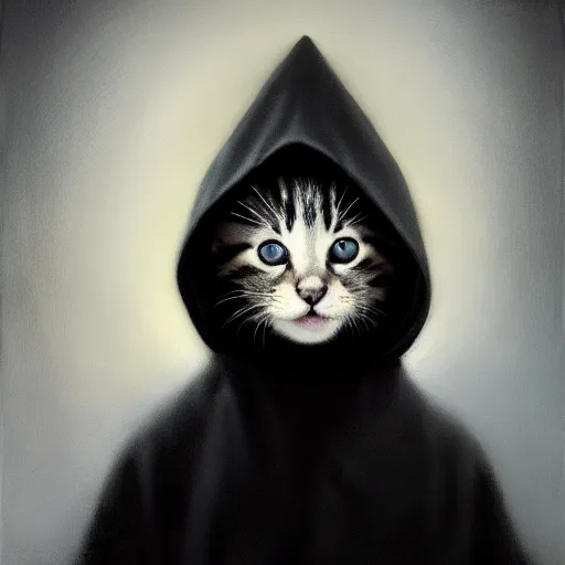 Image similar to a portrait of a kitten wearing a black hood, cloak covering face, anatomically correct, beautiful perfect face, enigmatic, oil painting, matte, black background, Volumetric dynamic lighting, Highly Detailed, Cinematic Lighting, Unreal Engine, 8k, HD, by Beksinski