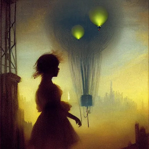 Image similar to digital art cyberpunk cityscape nighttime silhouette of young girl holding balloon in the foreground painted by turner 1860