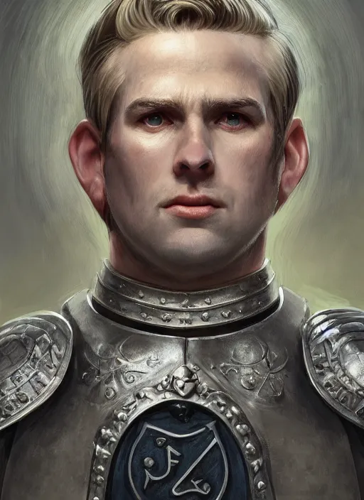 Image similar to a portrait of a fantasy beardless plump cleric with no beard, short blonde hair comb over hairstyle, young adult, short in stature, silver breastplate with religious engravings, clean shaven, serious expression, style by donato giancola, wayne reynolds, jeff easley dramatic light, high detail, cinematic lighting, artstation, dungeons and dragons