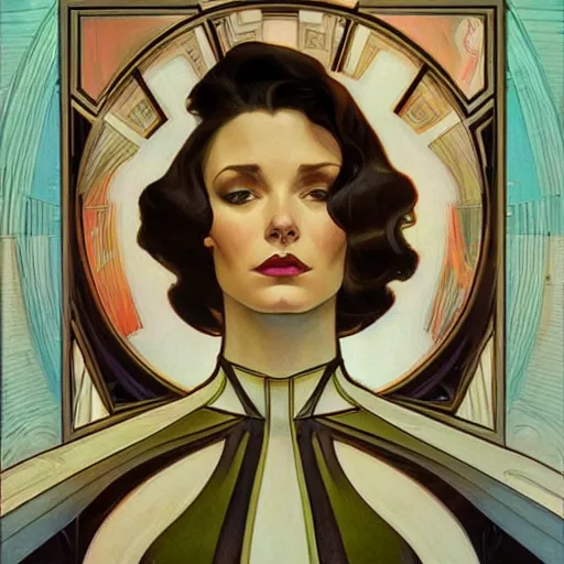 Image similar to a streamline moderne painting in the style of donato giancola, and in the style of charlie bowater, and in the style of alphonse mucha. symmetry, smooth, sharp focus, semi - realism, intricate detail.