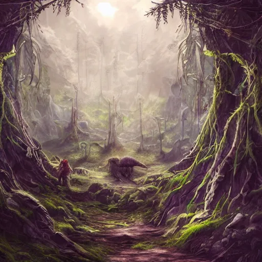 Prompt: highly detailed, ancient forest, elves, spiders, wizards, trolls, goblins, eagles in the sky, giant wolves, concept art, character art, studio lightning, bright colors, intricate, masterpiece, photorealistic, hyperrealistic, sharp focus, high contrast, artstation hq, deviantart trending, 8 k uhd, unreal engine 5