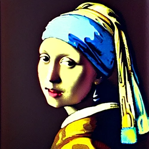 Image similar to painting of the girl with the pearl earring together with mona lisa by andy warhol, painting, oil on canvas, beautiful painting