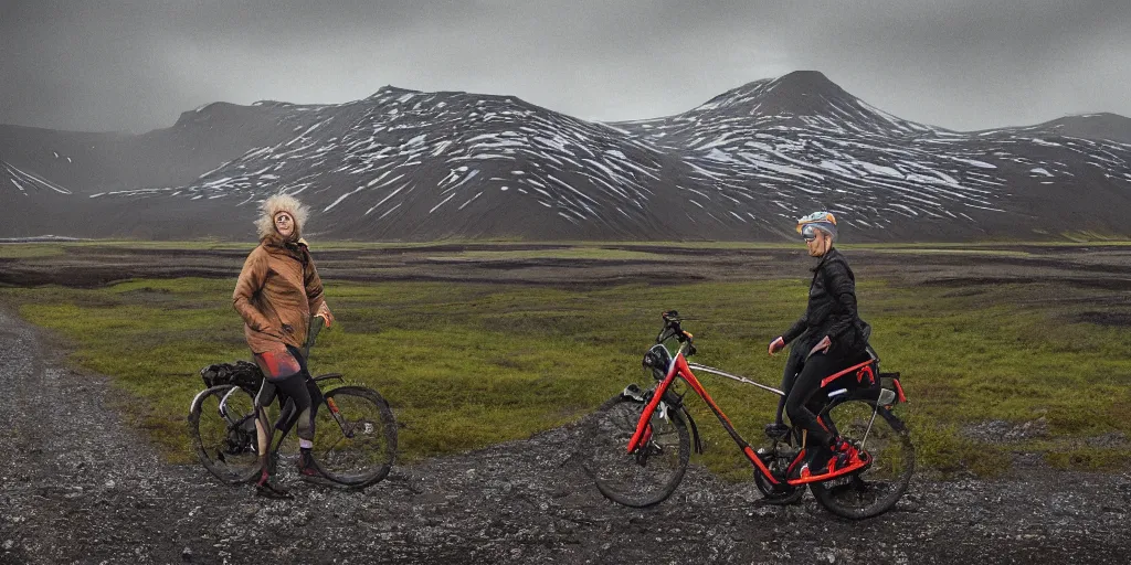 Prompt: A digital painting by Simon Stålenhag of a woman in north face clothes on a touring bike on a gravel road of Iceland. The bike has vaude saddlebags mounted on the rack of the bike. Around the road there are monumental old ruins tower of a dark misty forest,overcast, sci-fi